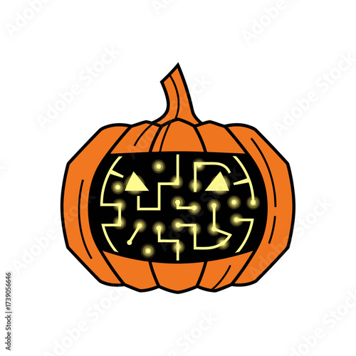 Spooky Halloween pumpkin with modern tech circuit design, perfect for creative and playful seasonal marketing, fun autumn celebrations, and themed events