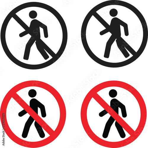 No pedestrian walking symbol restricted area illustration. No entry prohibited sign icon set. Stop symbol. Prohibitory traffic warning sign. No walking, people forbidden icon.