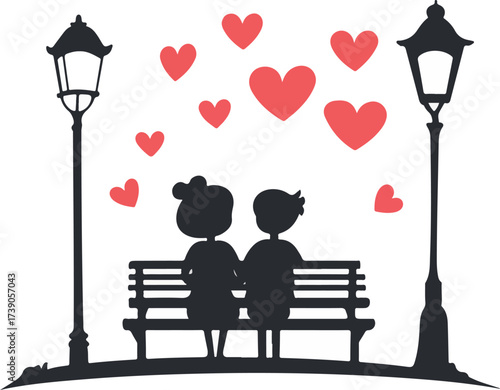 Romantic silhouette of a couple sitting on a park bench under streetlights with hearts floating above