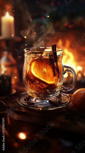 Hot mulled apple wine with slices of oranges and cloves, nestled near a glowing fire. .