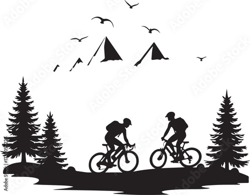 Two cyclists riding bikes in a mountain landscape with pine trees and birds