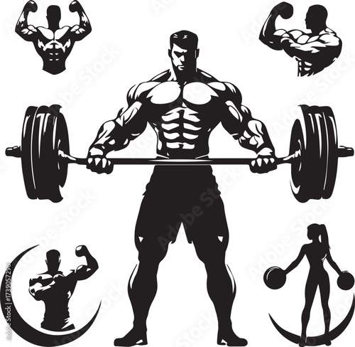 Black and white fitness bodybuilding vector with muscular men and woman lifting barbells strength training poses