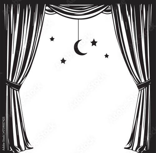 Theatrical stage with curtains, crescent moon, and stars vector illustration for fantasy and performance themes
