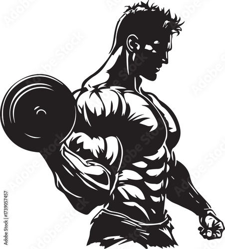 Black and white vector illustration of muscular athlete lifting barbell with one arm in profile