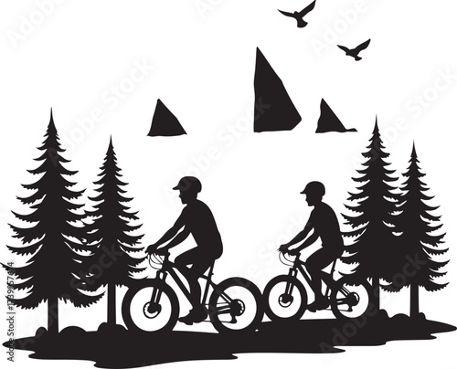 Two cyclists riding fat tire bikes through pine trees and mountains