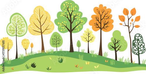 Whimsical cartoon forest landscape with diverse trees and rolling green hills