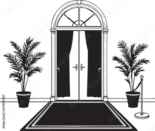 Formal double-door entrance with curtains, plants, and stanchion vector illustration for event design