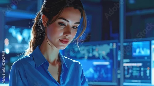 Focused data analyst examining financial dashboards in a modern control room atmosphere