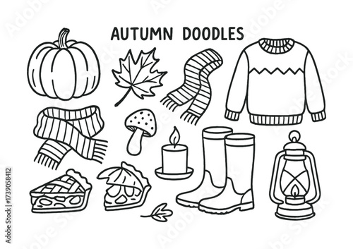 Autumn doodles: cozy sweater, pumpkin, scarf, pie, and lantern collection