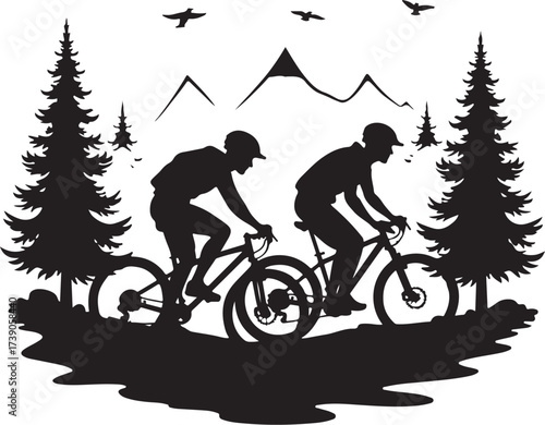 Two cyclists riding mountain bikes through a forest landscape