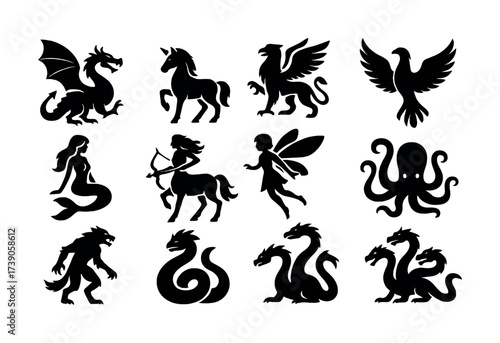 Silhouettes of mythical creatures: dragon, unicorn, griffin, phoenix, and more