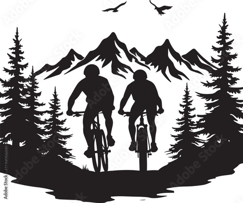 Two cyclists riding mountain bikes through forest landscape