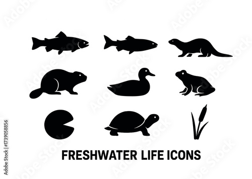 Silhouette icons of freshwater life: fish, otter, beaver, duck, frog, turtle, lily pad, reeds