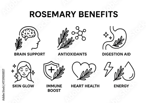 Rosemary benefits: brain support, antioxidants, digestion aid, skin glow, immune boost, heart health, energy