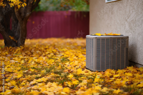Outdoor air conditioning unit next to a house wall surrounded by fallen yellow autumn leaves and a tree with yellow foliage
