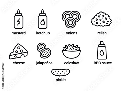 Line art icon set illustrating popular burger toppings and condiments
