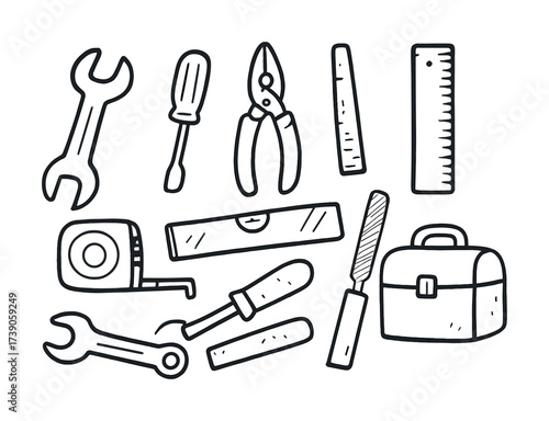 Hand-drawn toolbox with tools including wrench, hammer, and pliers