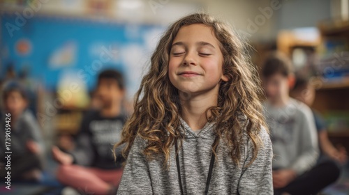 Wallpaper Mural A young girl with curly brown hair smiles with her eyes closed. She is sitting in a classroom with other children in the background, practicing mindfulness or meditation. Torontodigital.ca