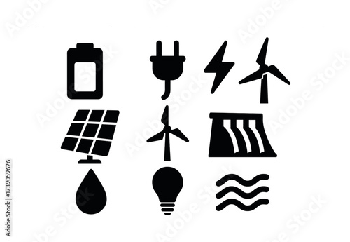 Renewable energy icons: solar, wind, hydroelectric, battery, plug, and bulb symbols