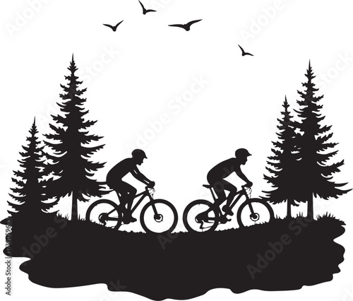 Two cyclists riding mountain bikes through pine trees