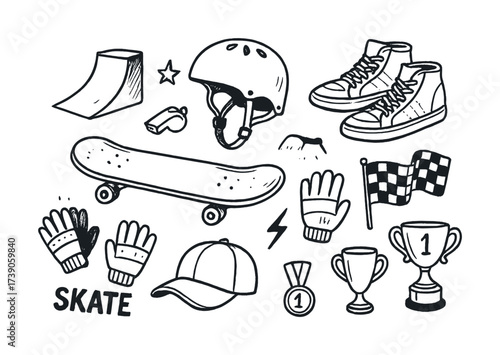Skateboarding gear doodles: helmet, skateboard, sneakers, and more