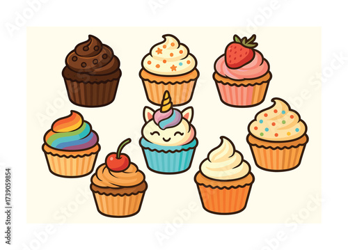 Assorted colorful cartoon cupcakes with unique toppings and decorations