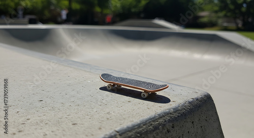 A tiny skateboard rests on the edge of a concrete skate park ramp on a sunny day