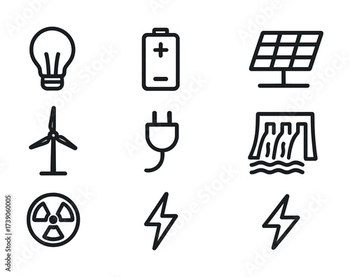 Energy icons: light bulb, battery, solar panel, wind turbine, plug, hydroelectric, radiation, lightning