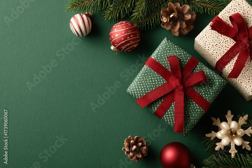 Beautifully wrapped Christmas gifts with red ribbon, festive ornaments, and pine branches on a green background creating a joyful holiday atmosphere