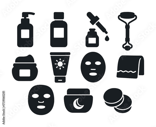 Skincare icons: bottles, dropper, roller, masks, tubes, towel, creams, beauty essentials