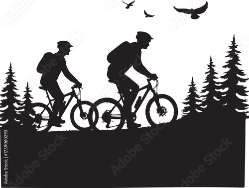 Two cyclists riding mountain bikes through pine trees