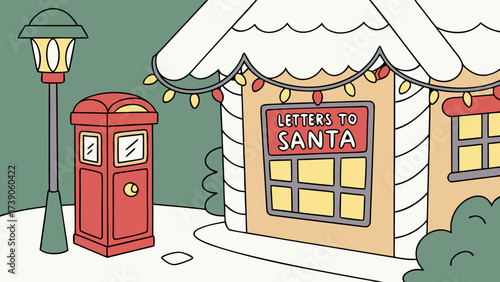 Christmas scene with a mailbox and a house decorated with lights and a letters to santa sign background