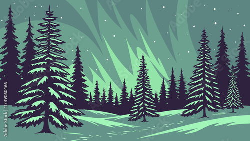 Snowy pine forest under the aurora borealis in winter night sky background