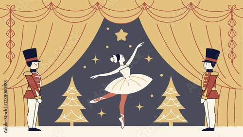 Ballerina dancing on stage with nutcracker soldiers and christmas trees background