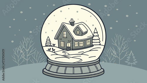 Christmas snow globe with a cozy house and winter trees inside, set against a snowy background background