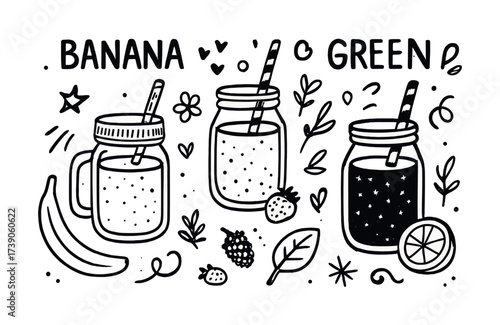 Hand-drawn smoothie jars: banana, green, and berry with decorative elements