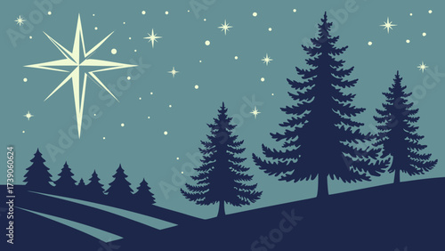 A bright star of bethlehem shines over a dark pine forest at night background