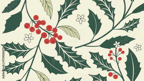 Elegant seamless pattern of holly leaves and berries on a cream background, vintage style background