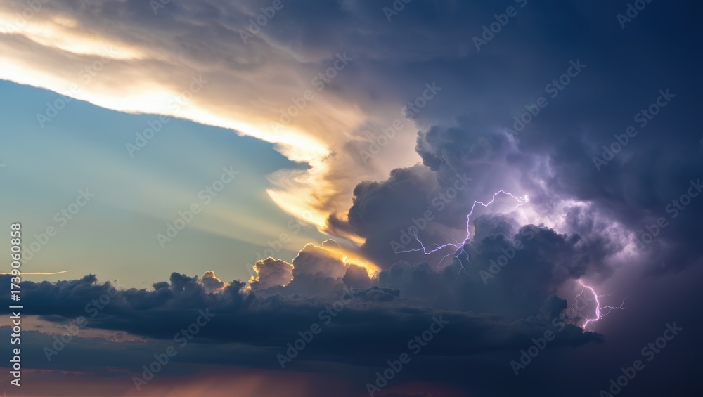 Fototapeta premium Dramatic sunset sky with approaching thunderstorm and lightning