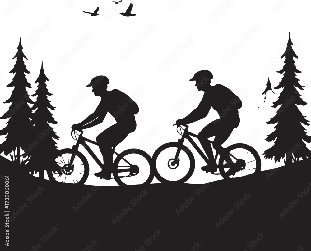Obraz premium Two cyclists silhouetted riding bicycles on a hill with pine trees and birds