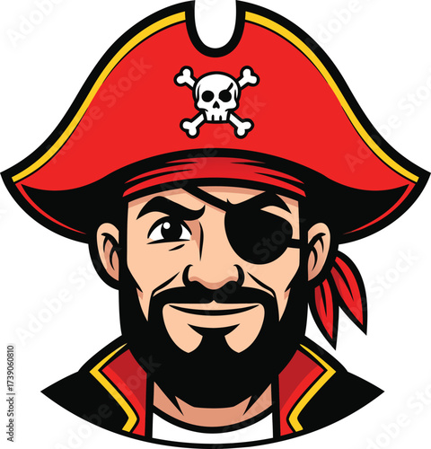 Cartoon pirate with red hat and eye patch