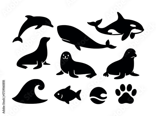 Silhouettes of marine animals including dolphin, orca, seal, and whale