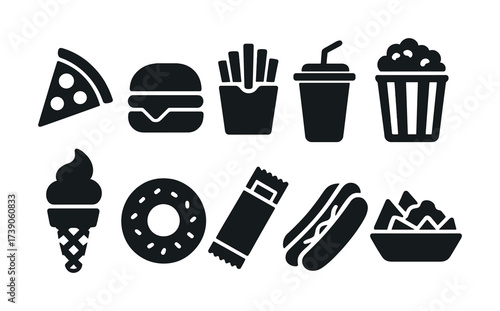 Silhouette icons: pizza, burger, fries, drink, popcorn, ice cream, donut, chocolate, hot dog, nachos