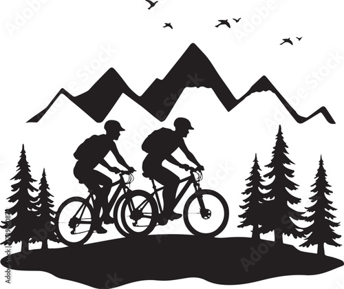 Two cyclists with backpacks ride bikes in a mountain landscape with trees and birds