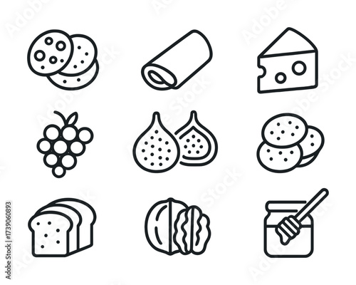 Outline icons of food: cookies, cheese, grapes, bread, honey, figs, wrap