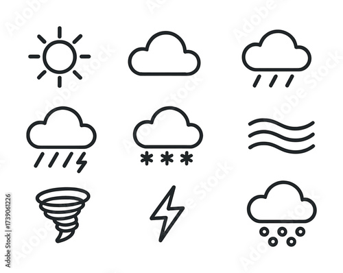 Simple weather icons: sun, clouds, rain, tornado, lightning