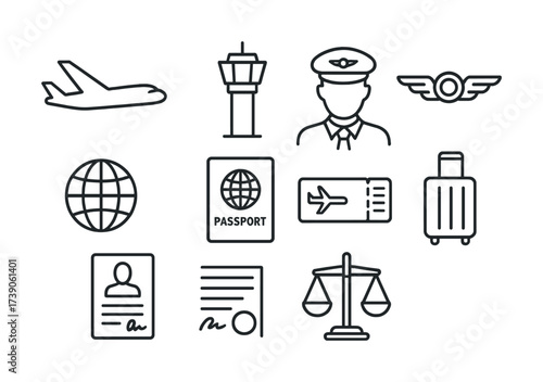 Aviation icon set: airplane, passport, pilot, control tower, luggage, travel symbols