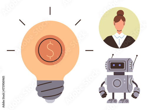Light bulb with dollar sign, robot, and businesswoman portrait highlights technology, finance, teamwork, creativity, innovation, automation and problem-solving. Ideal for simple flat metaphor