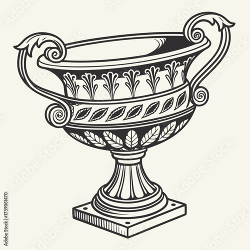 Elegant antique decorative urn with ornate handles and detailed classical leaf and floral ornamentation on a pedestal