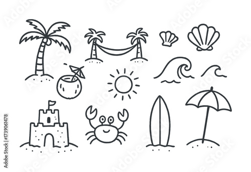 Hand-drawn summer beach elements: palm trees, sandcastle, and ocean waves